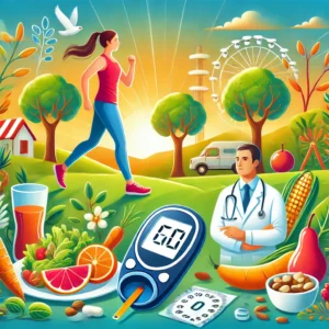 DALL·E 2025-03-03 15.04.04 - A vibrant illustration promoting diabetes control, featuring a person jogging in a park, a plate of healthy food including vegetables, nuts, and whole